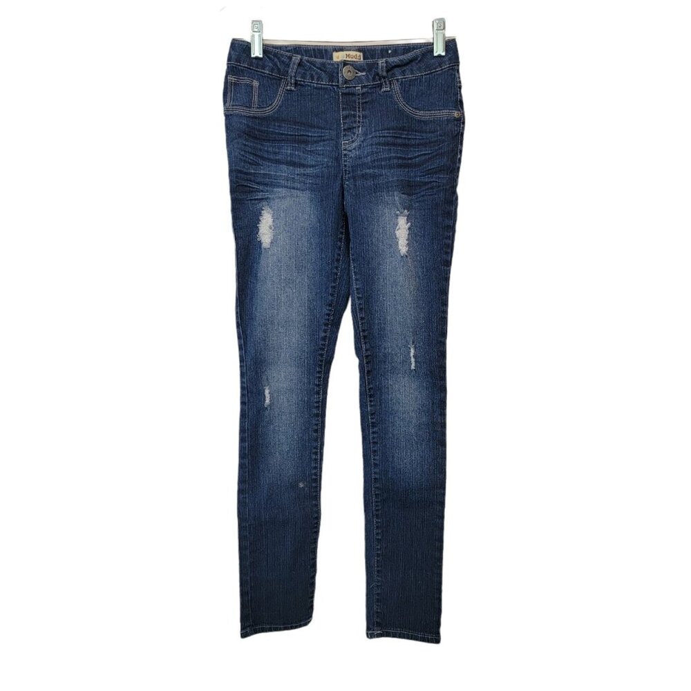 MUDD Jeans Skinny‎ Ankle Dark Wash Distressed Embellished Denim Girls Sz 14